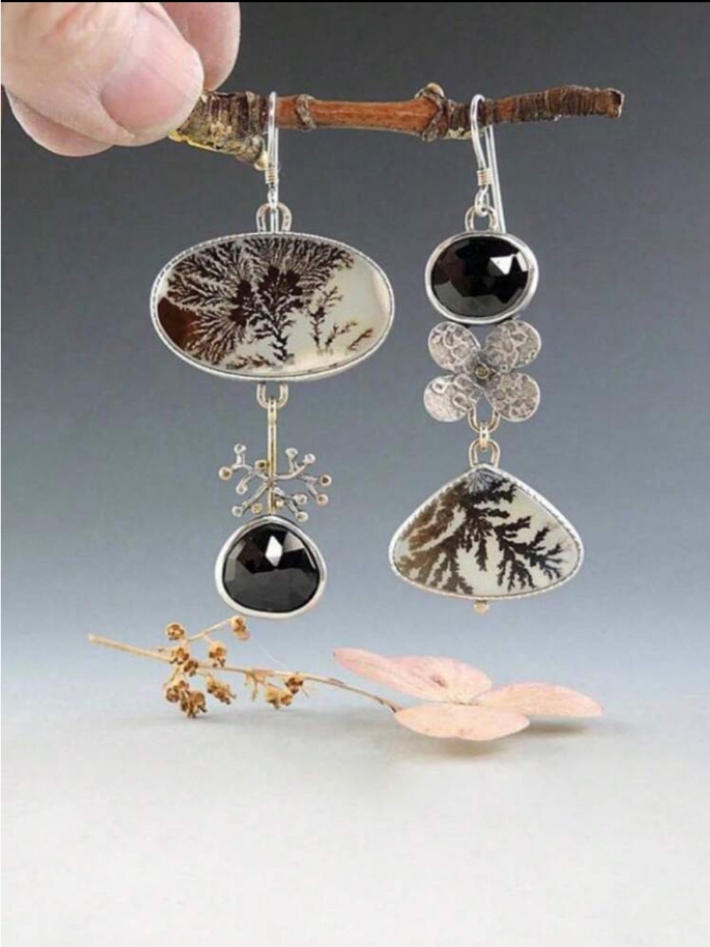 Sterling Silver Dendritic Agate Drop Earrings in Black and Cream